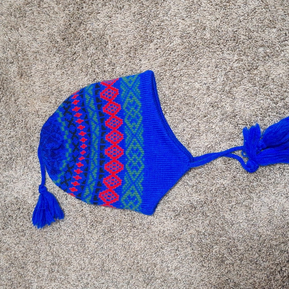 Vintage Meister wool tie beanie hat - blue/pink red